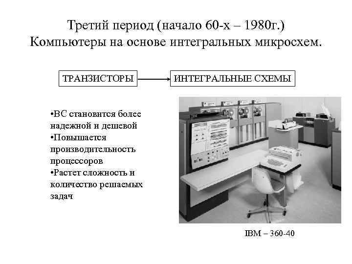 Третий период (начало 60 -х – 1980 г. ) Компьютеры на основе интегральных микросхем.