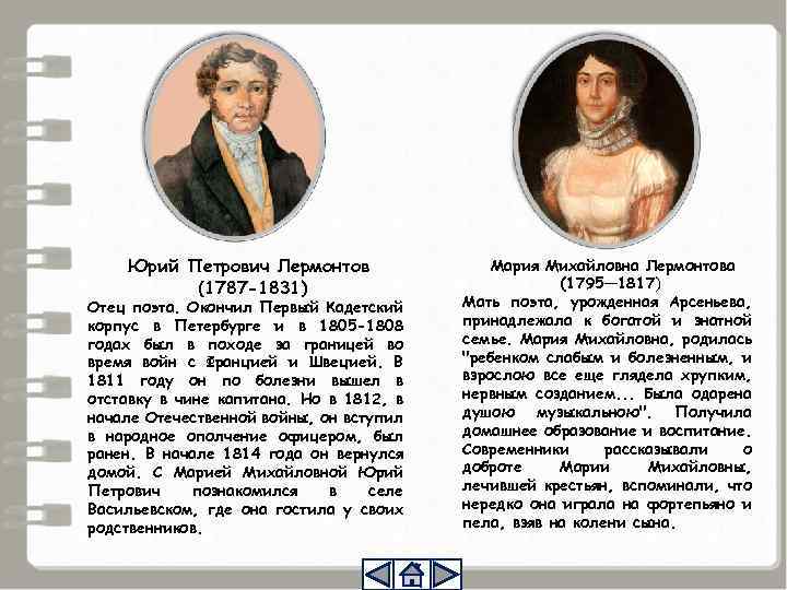 Юрий Петрович Лермонтов (1787 -1831) Отец поэта. Окончил Первый Кадетский корпус в Петербурге и