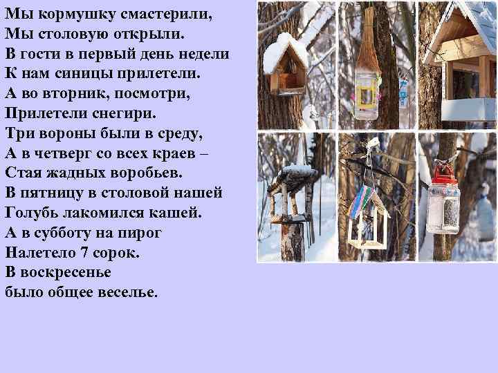 Мы кормушку смастерили, Мы столовую открыли. В гости в первый день недели К нам