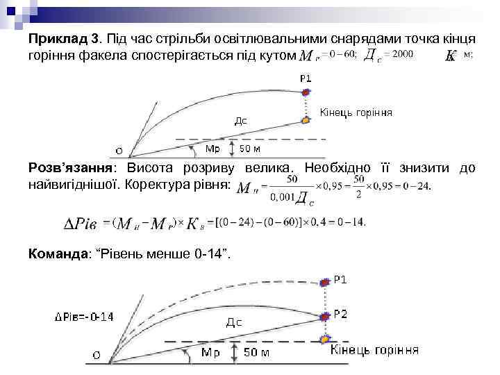 Приклад 3. Під час стрільби освітлювальними снарядами точка кінця горіння факела спостерігається під кутом