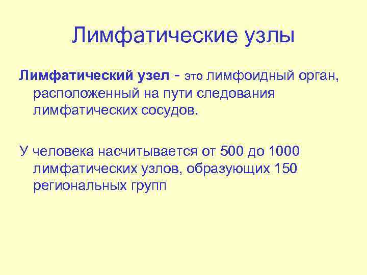 Лимфатические узлы Лимфатический узел - это лимфоидный орган, расположенный на пути следования лимфатических сосудов.