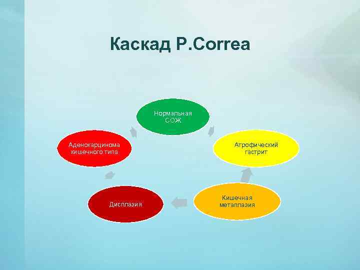 Каскад P. Correa Нормальная СОЖ Аденокарцинома кишечного типа Дисплазия Атрофический гастрит Кишечная метаплазия 