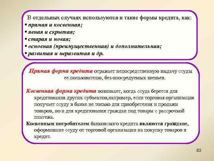 В отдельных случаях используются и такие формы кредита, как: • прямая и косвенная; •