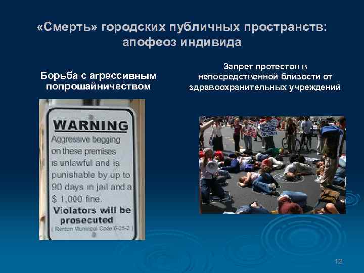  «Смерть» городских публичных пространств: апофеоз индивида Борьба с агрессивным попрошайничеством Запрет протестов в