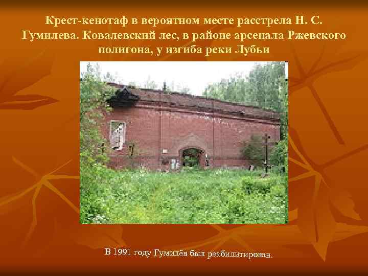 Крест-кенотаф в вероятном месте расстрела Н. С. Гумилева. Ковалевский лес, в районе арсенала Ржевского