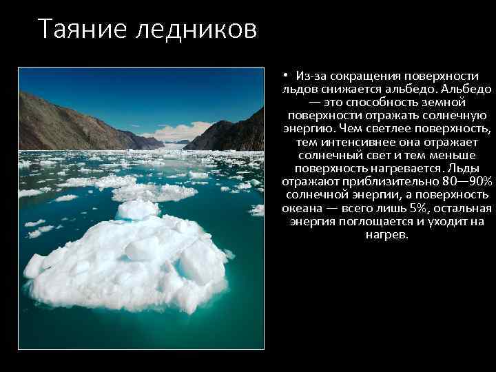 Таяние ледников • Из-за сокращения поверхности льдов снижается альбедо. Альбедо — это способность земной