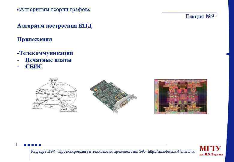  «Алгоритмы теории графов» Лекция № 9 Алгоритм построения КПД Приложения -Телекоммуникации - Печатные