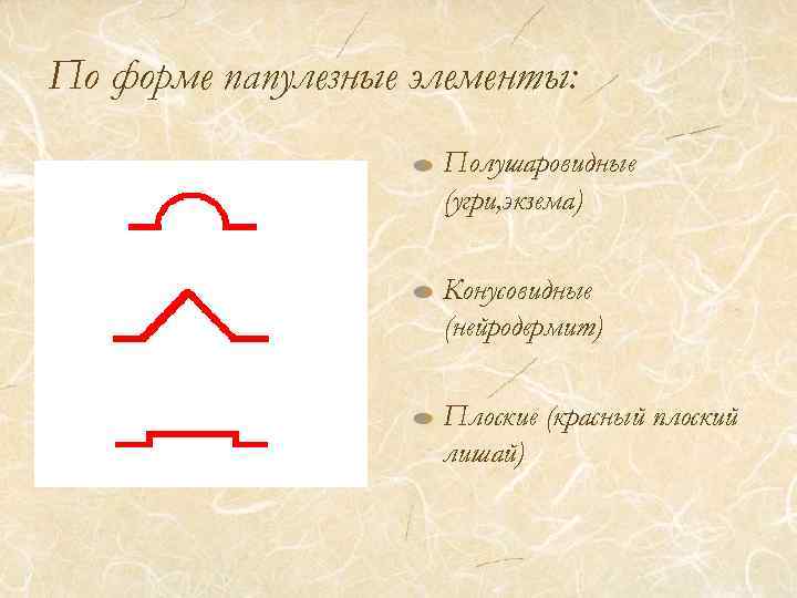 По форме папулезные элементы: Полушаровидные (угри, экзема) Конусовидные (нейродермит) Плоские (красный плоский лишай) 