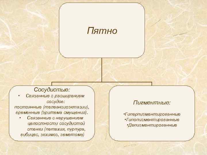 Пятно Сосудистые: • Связанные с расширением сосудов: постоянные (телеангиоэктазии), временные (эритема смущения). • Связанные