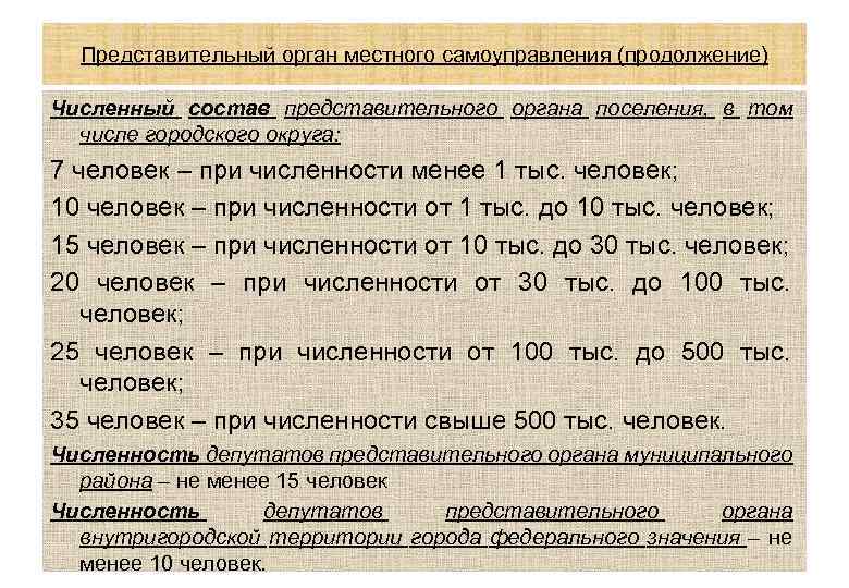 Представительный орган местного самоуправления (продолжение) Численный состав представительного органа поселения, в том числе городского