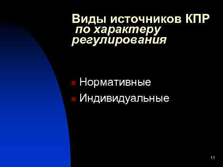 Виды источников КПР по характеру регулирования Нормативные n Индивидуальные n 11 