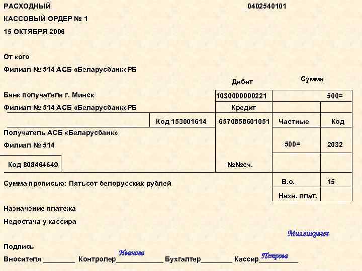 РАСХОДНЫЙ 0402540101 КАССОВЫЙ ОРДЕР № 1 15 ОКТЯБРЯ 2006 От кого Филиал № 514