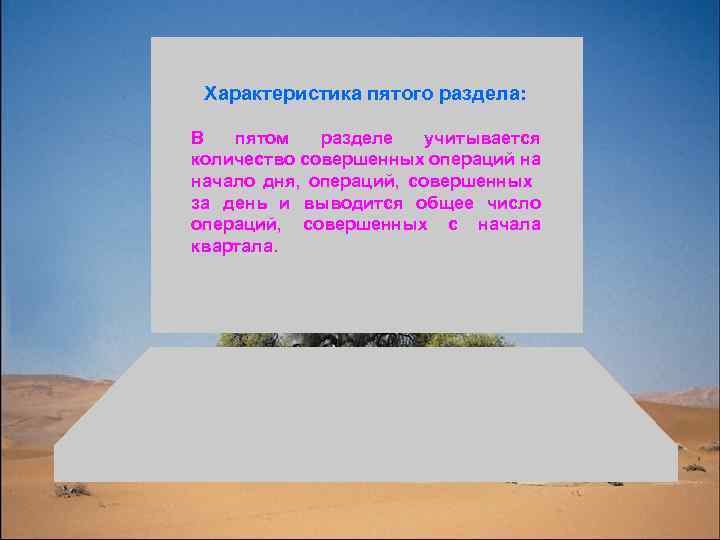 Характеристика пятого раздела: В пятом разделе учитывается количество совершенных операций на начало дня, операций,