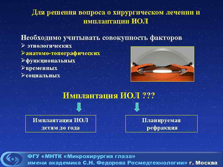 Для решения вопроса о хирургическом лечении и имплантации ИОЛ Необходимо учитывать совокупность факторов Ø
