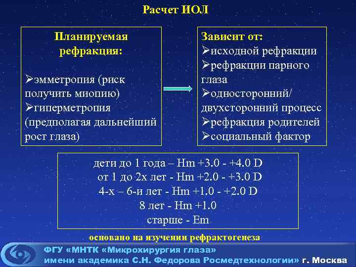 Расчет ИОЛ Планируемая рефракция: Øэмметропия (риск получить миопию) Øгиперметропия (предполагая дальнейший рост глаза) Зависит