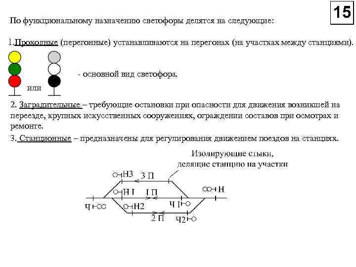 По функциональному назначению светофоры делятся на следующие: 1. Проходные (перегонные) устанавливаются на перегонах (на