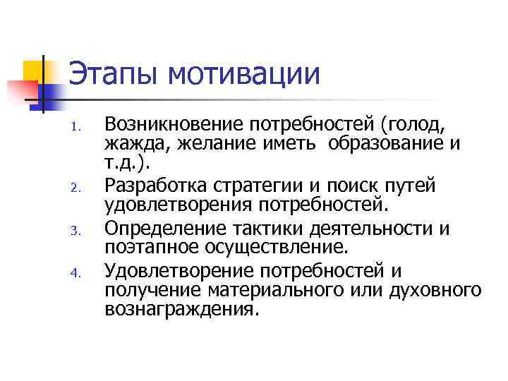Этапы мотивации 1. 2. 3. 4. Возникновение потребностей (голод, жажда, желание иметь образование и