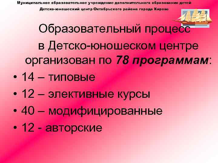 Муниципальное образовательное учреждение дополнительного образования детей Детско-юношеский центр Октябрьского района города Кирова • •
