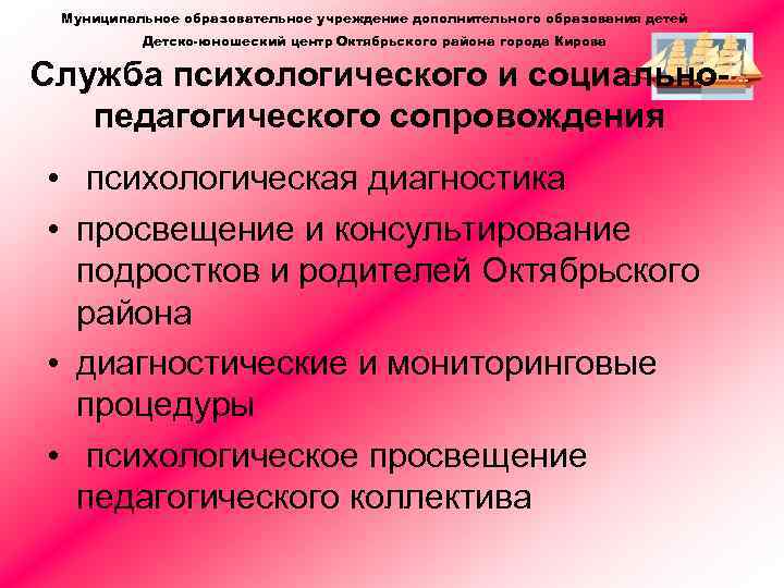 Муниципальное образовательное учреждение дополнительного образования детей Детско-юношеский центр Октябрьского района города Кирова Служба психологического