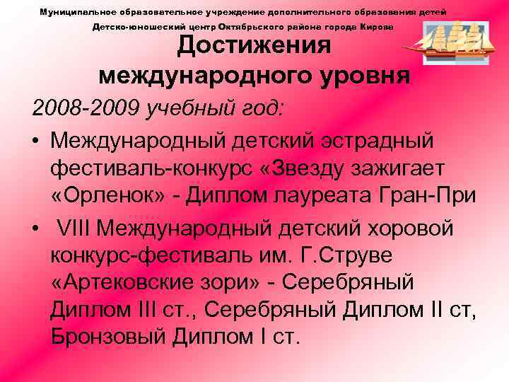 Муниципальное образовательное учреждение дополнительного образования детей Детско-юношеский центр Октябрьского района города Кирова Достижения международного