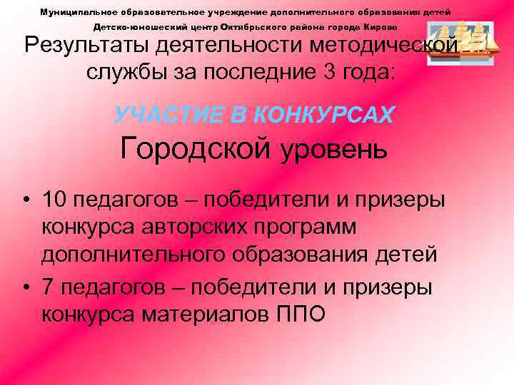 Муниципальное образовательное учреждение дополнительного образования детей Детско-юношеский центр Октябрьского района города Кирова Результаты деятельности