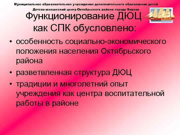 Муниципальное образовательное учреждение дополнительного образования детей Детско-юношеский центр Октябрьского района города Кирова Функционирование ДЮЦ
