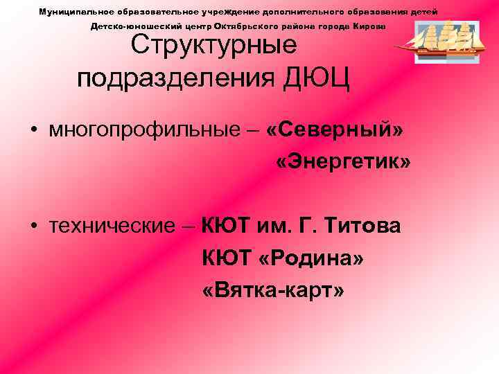 Муниципальное образовательное учреждение дополнительного образования детей Детско-юношеский центр Октябрьского района города Кирова Структурные подразделения