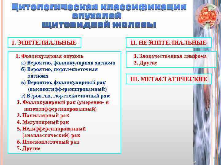 I. ЭПИТЕЛИАЛЬНЫЕ 1. Фолликулярная опухоль а) Вероятно, фолликулярная аденома б) Вероятно, гюртлеклеточная аденома в)