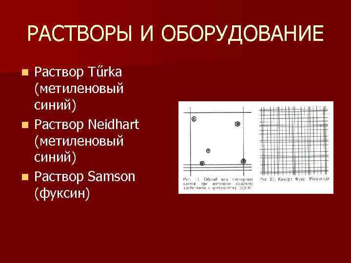 РАСТВОРЫ И ОБОРУДОВАНИЕ Раствор Тűrkа (метиленовый синий) n Раствор Neidhart (метиленовый синий) n Раствор