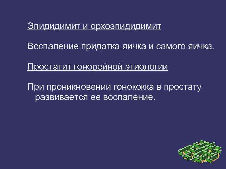 Эпидидимит и орхоэпидидимит Воспаление придатка яичка и самого яичка. Простатит гонорейной этиологии При проникновении