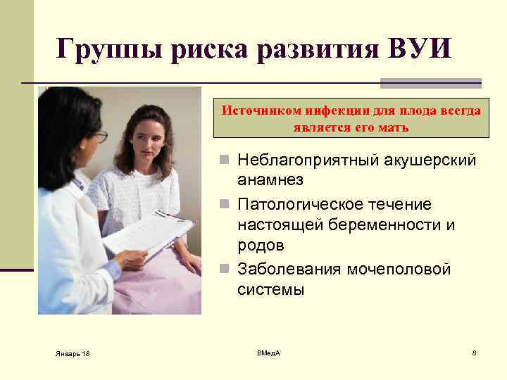Группы риска развития ВУИ Источником инфекции для плода всегда является его мать n Неблагоприятный