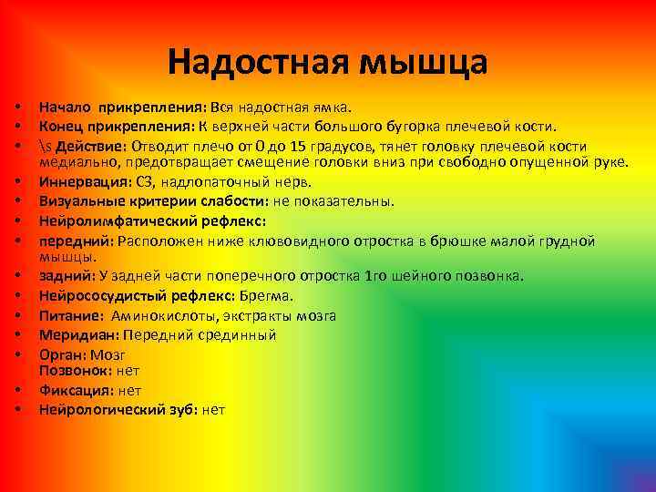 Надостная мышца • • • • Начало прикрепления: Вся надостная ямка. Конец прикрепления: К