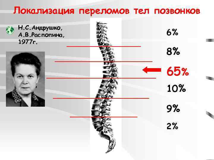 Локализация переломов тел позвонков Н. С. Андрушко, А. В. Распопина, 1977 г. 6% 8%