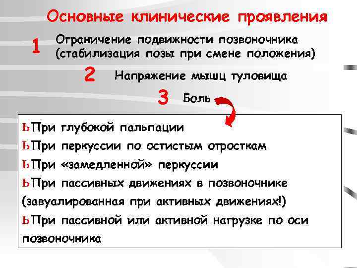 Основные клинические проявления 1 Ограничение подвижности позвоночника (стабилизация позы при смене положения) 2 Напряжение