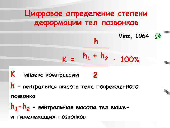 Цифровое определение степени деформации тел позвонков h K = Vinz, 1964 h 1 +