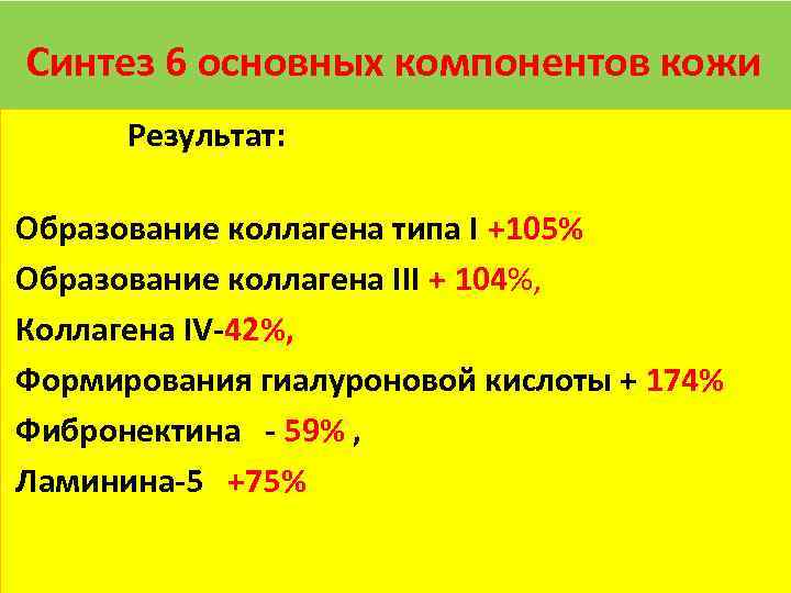 Синтез 6 основных компонентов кожи Результат: Образование коллагена типа I +105% Образование коллагена III