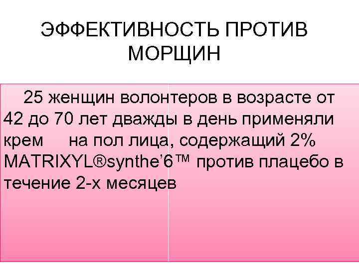 ЭФФЕКТИВНОСТЬ ПРОТИВ МОРЩИН 25 женщин волонтеров в возрасте от 42 до 70 лет дважды