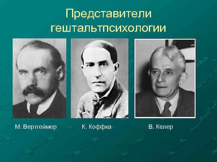 Представители гештальтпсихологии М. Вертгеймер К. Коффка В. Келер 