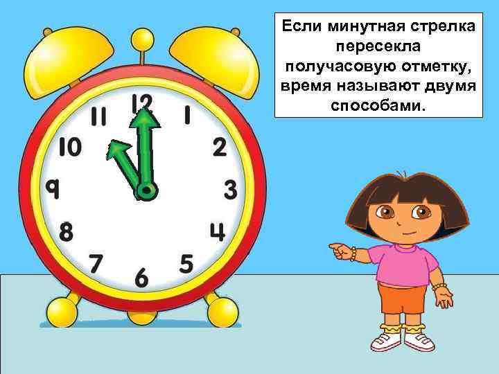 Если минутная стрелка пересекла получасовую отметку, время называют двумя способами. 