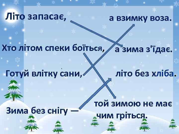 Літо запасає, а взимку воза. Хто літом спеки боїться, , Готуй влітку сани, Зима
