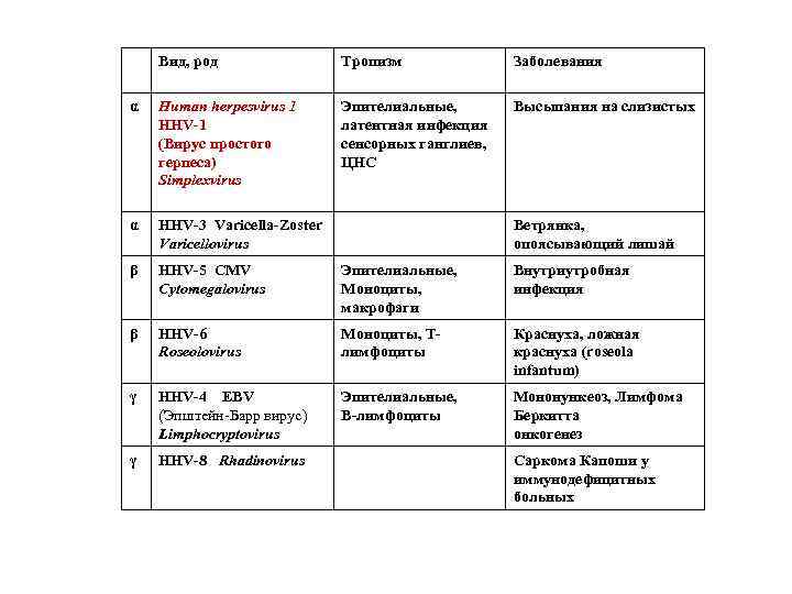 Вид, род Тропизм Заболевания α Human herpesvirus 1 HHV-1 (Вирус простого герпеса) Simplexvirus Эпителиальные,