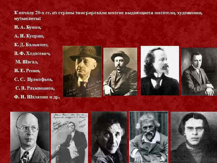 К началу 20 -х гг. из страны эмигрировали многие выдающиеся писатели, художники, музыканты: И.