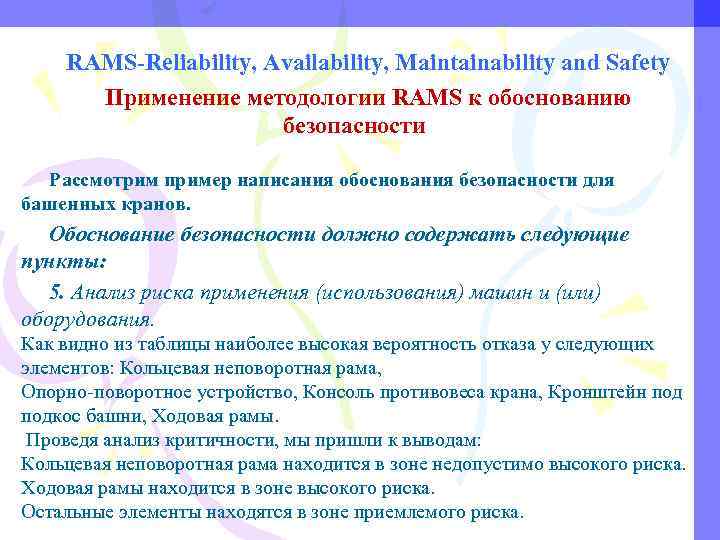 RAMS-Reliability, Availability, Maintainability and Safety Применение методологии RAMS к обоснованию безопасности Рассмотрим пример написания