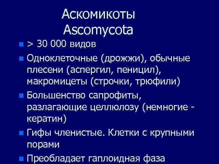 Аскомикоты Ascomycota > 30 000 видов n Одноклеточные (дрожжи), обычные плесени (аспергил, пеницил), макромицеты