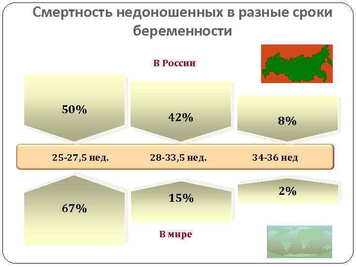 Смертность недоношенных в разные сроки беременности В России 50% 25 -27, 5 нед. 67%