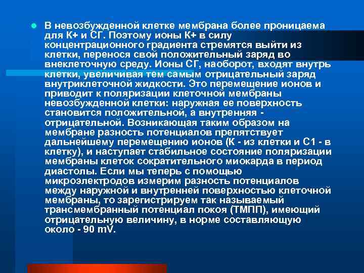 l В невозбужденной клетке мембрана более проницаема для К+ и СГ. Поэтому ионы К+