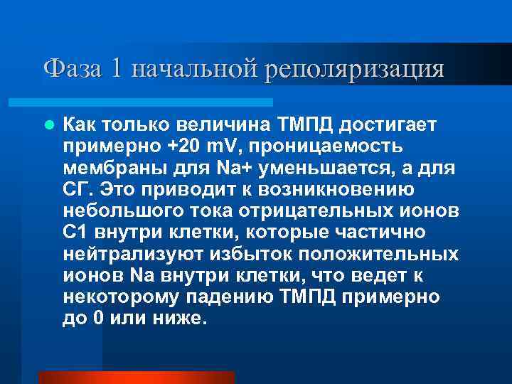 Фаза 1 начальной реполяризация l Как только величина ТМПД достигает примерно +20 m. V,
