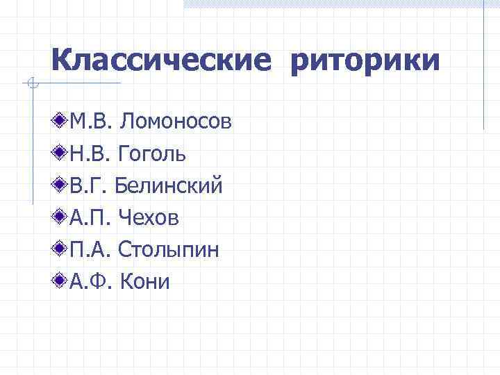 Классические риторики М. В. Ломоносов Н. В. Гоголь В. Г. Белинский А. П. Чехов