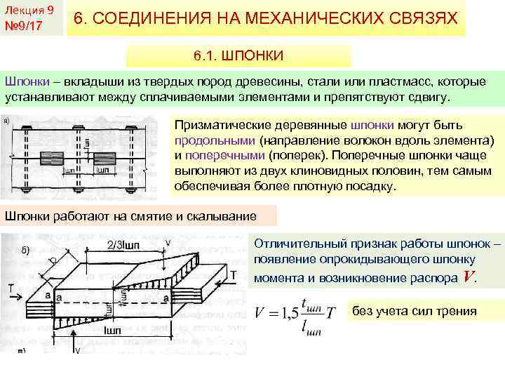 Лекция 9 № 9/17 6. СОЕДИНЕНИЯ НА МЕХАНИЧЕСКИХ СВЯЗЯХ 6. 1. ШПОНКИ Шпонки –