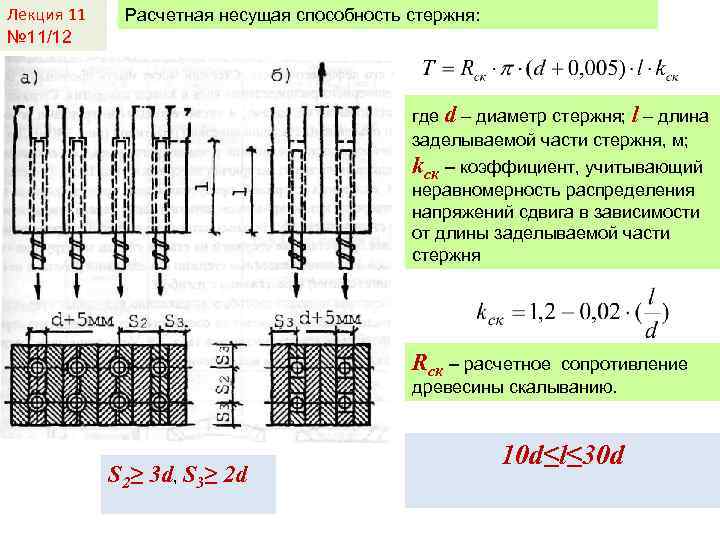 Лекция 11 № 11/12 Расчетная несущая способность стержня: где d – диаметр стержня; l